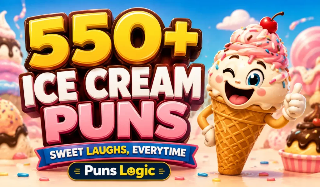 550+ ice cream puns thumbnail with a cheerful 3D ice cream mascot