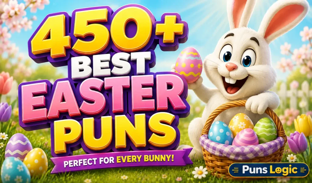 335+ Easter puns thumbnail with a cheerful bunny, colorful eggs, and bold 3D text