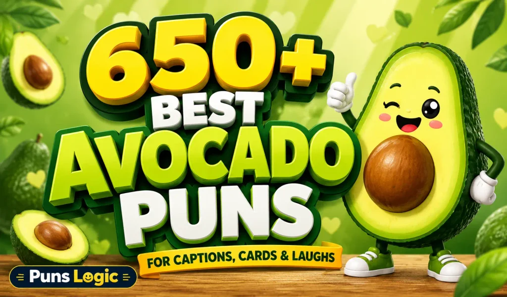 650+ avocado puns thumbnail with a cheerful cartoon avocado character