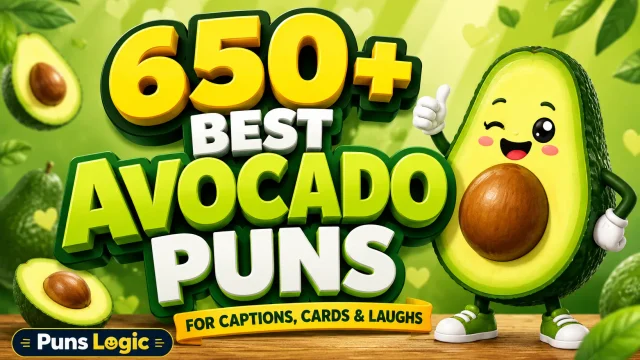 650+ avocado puns thumbnail with a cheerful cartoon avocado character
