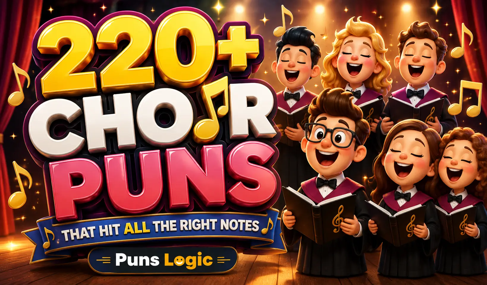 Choir puns thumbnail with cheerful singers, musical notes, and bold 3D typography
