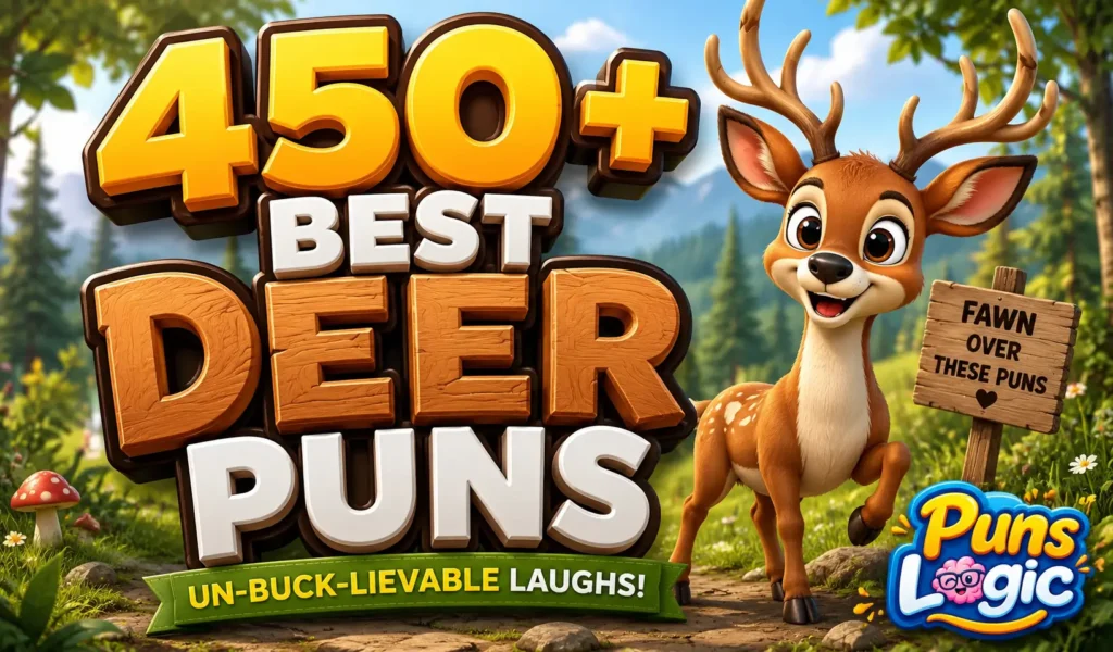 450+ deer puns thumbnail with a cheerful cartoon deer and bold 3D text