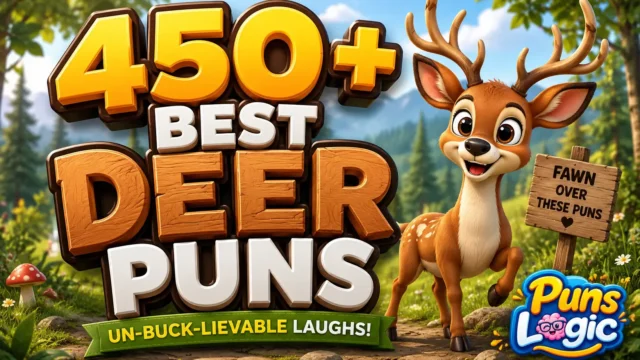 450+ deer puns thumbnail with a cheerful cartoon deer and bold 3D text