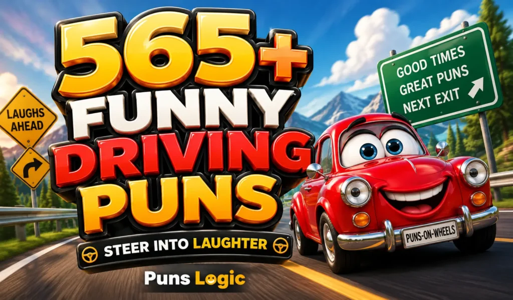 Driving puns thumbnail with a cheerful red car mascot on a scenic road