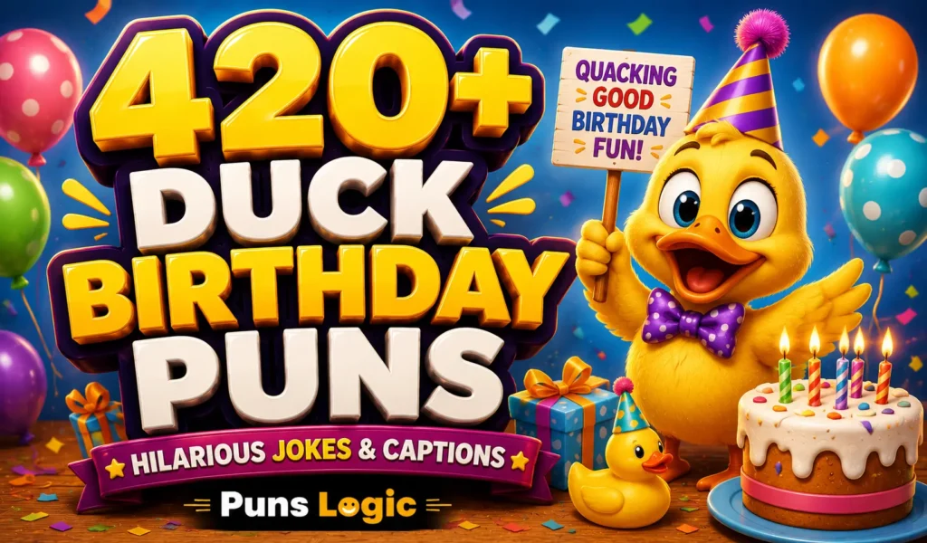 Duck birthday puns thumbnail with a cheerful party duck and bold 3D text