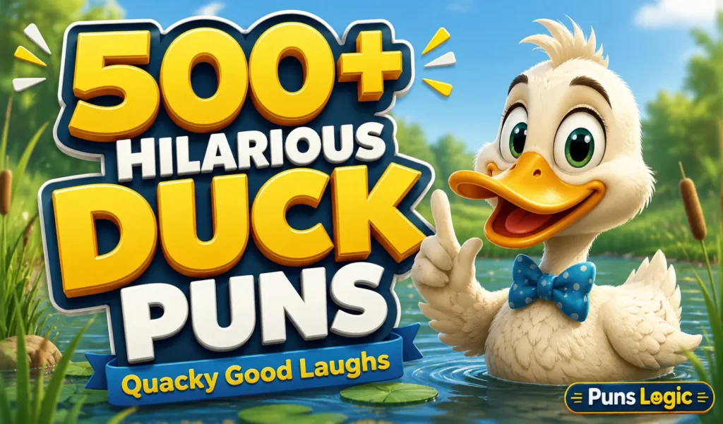 500+ duck puns thumbnail with a colorful cartoon duck and bold 3D text