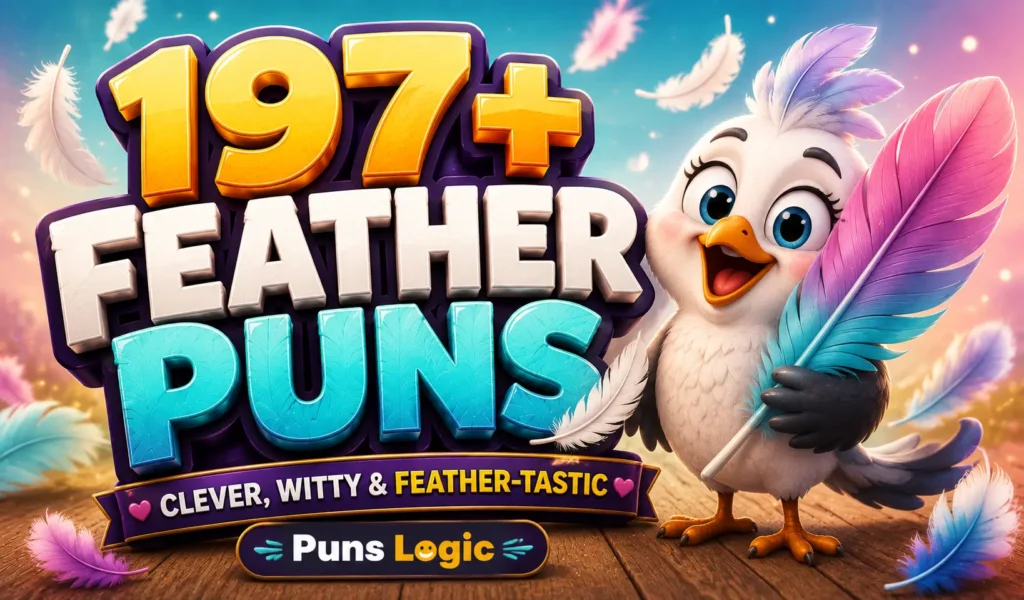 Feather puns thumbnail with a cheerful bird mascot and colorful feathers