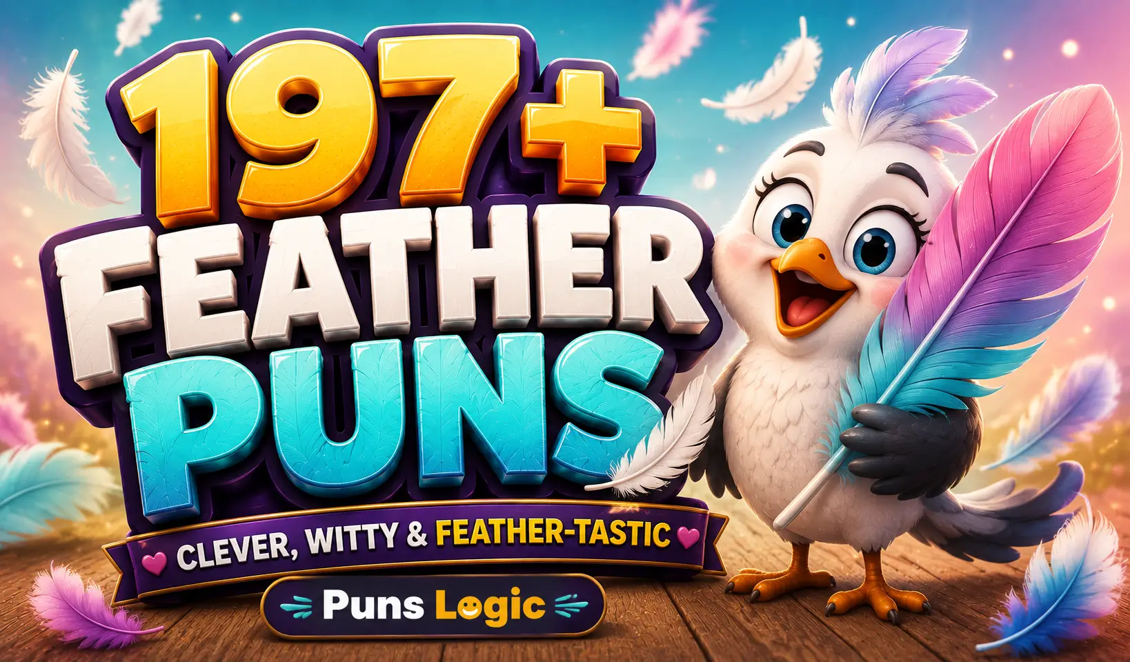 Feather puns thumbnail with a cheerful bird mascot and colorful feathers