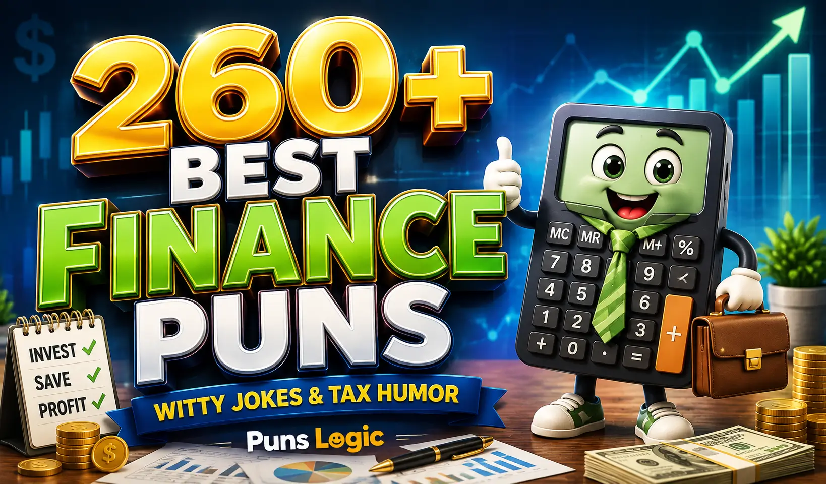 Finance puns thumbnail featuring a fun calculator mascot and money-themed graphics