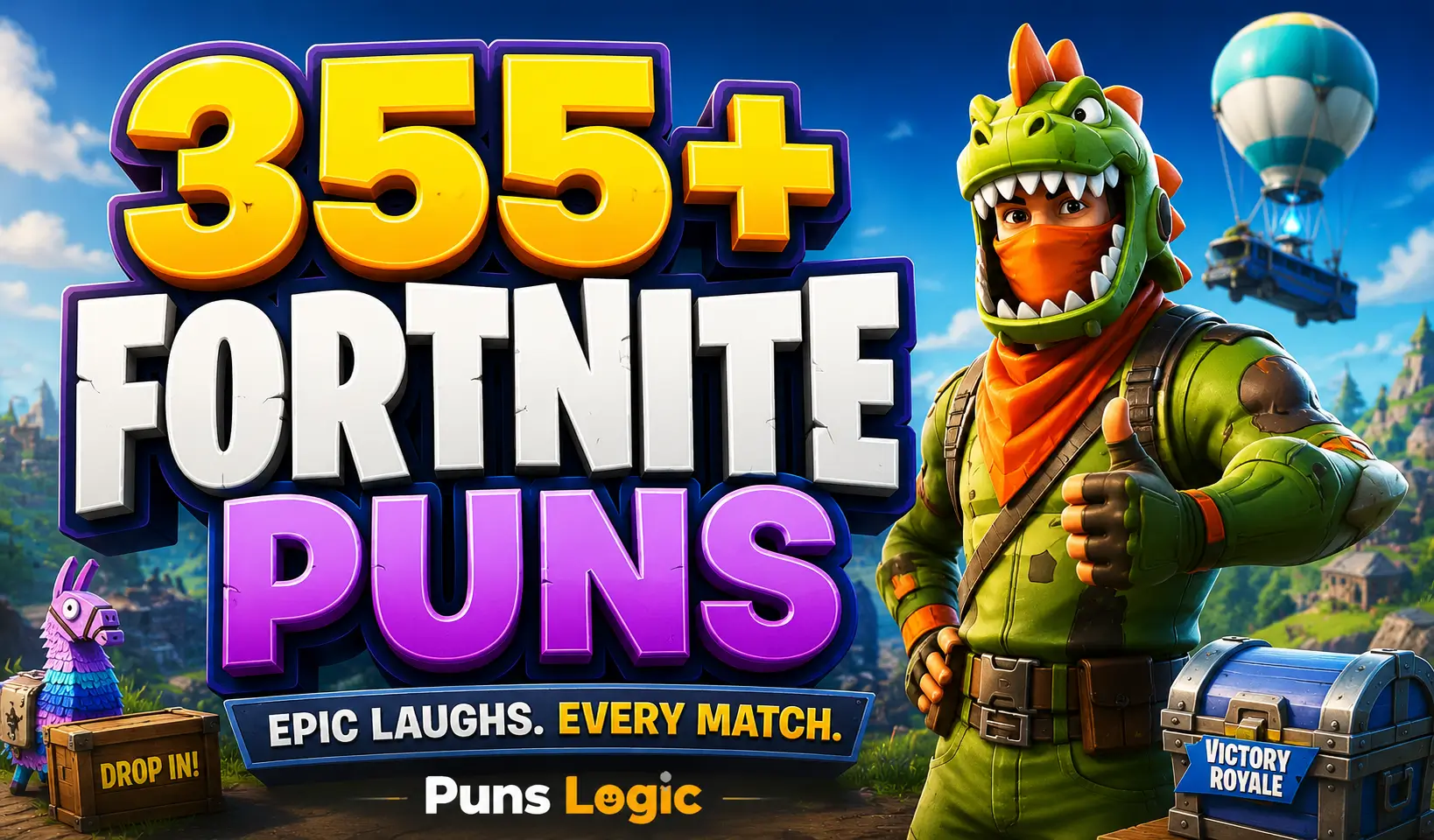 Fortnite puns thumbnail with a colorful gaming character, loot chest, and battle royale scene