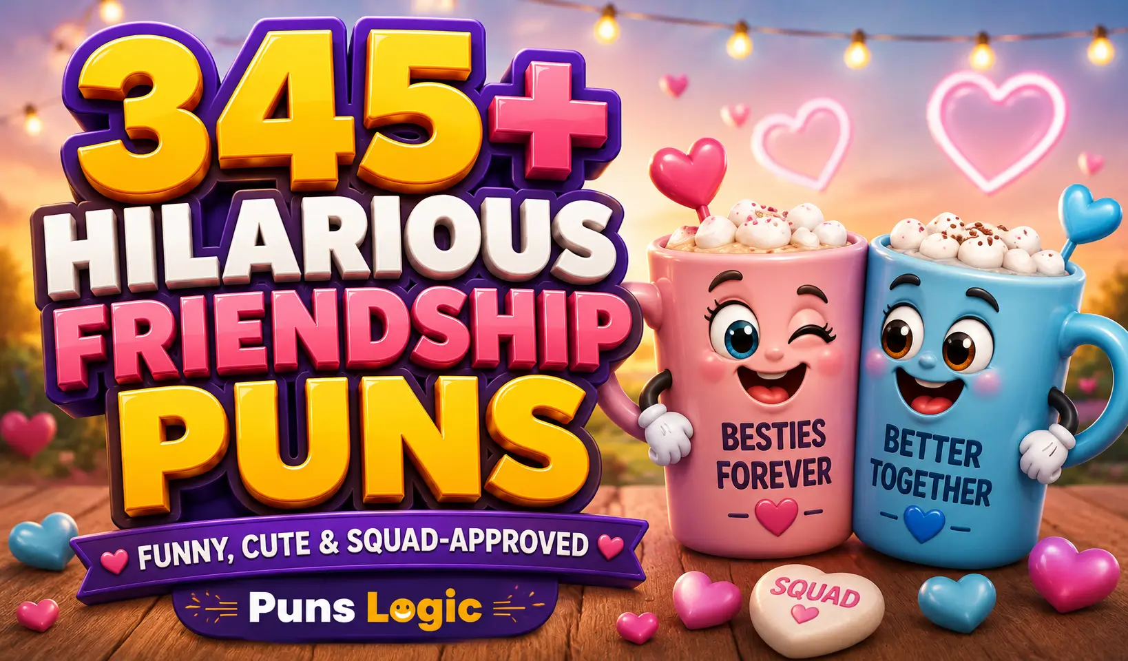 Friendship puns thumbnail with two cheerful bestie characters and colorful hearts
