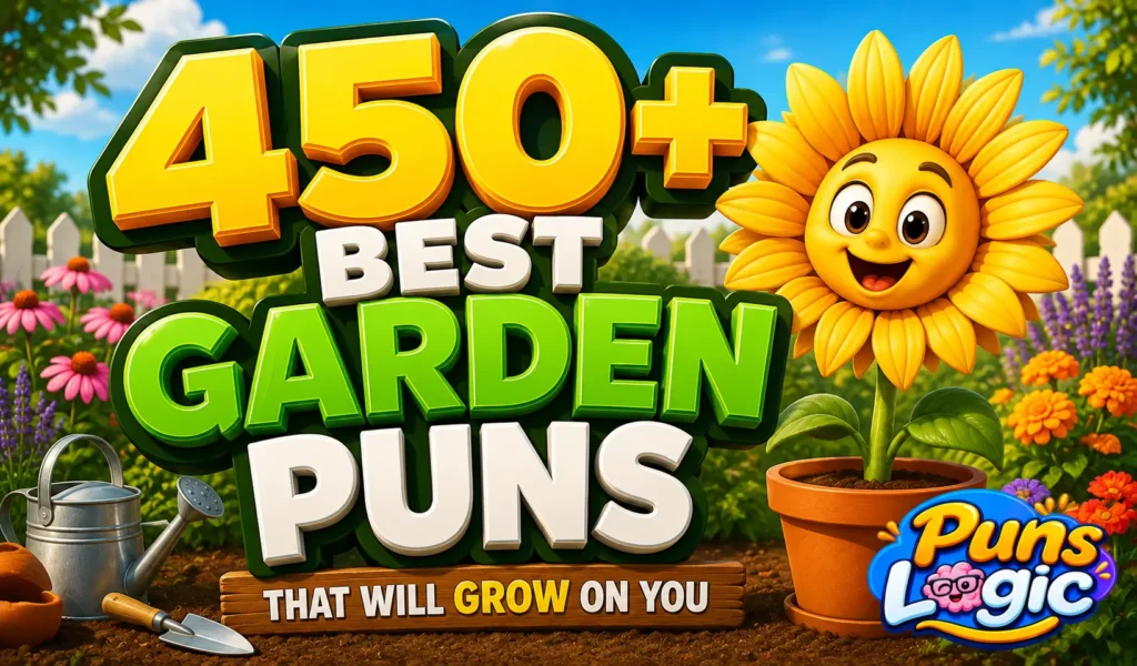 450+ garden puns thumbnail with a cheerful sunflower and bold 3D garden-themed text