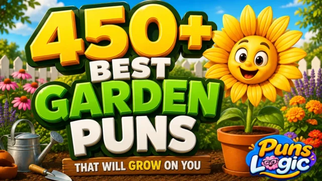 450+ garden puns thumbnail with a cheerful sunflower and bold 3D garden-themed text