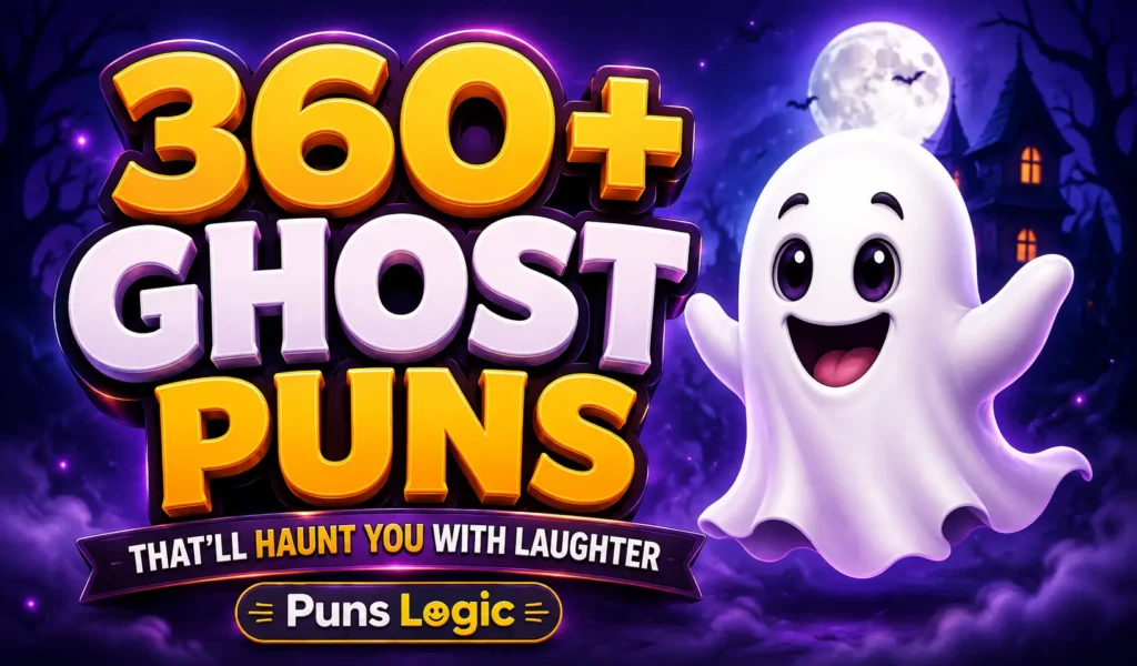360+ ghost puns thumbnail with a cheerful glowing ghost and spooky purple background