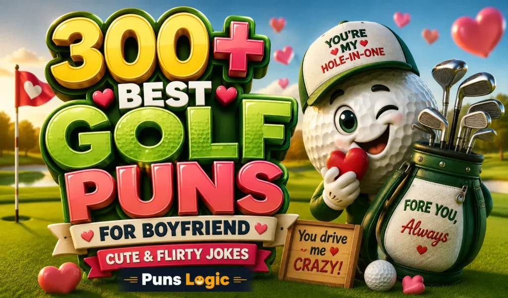 Golf puns for boyfriend FAQs thumbnail with a cute golf ball mascot and hearts