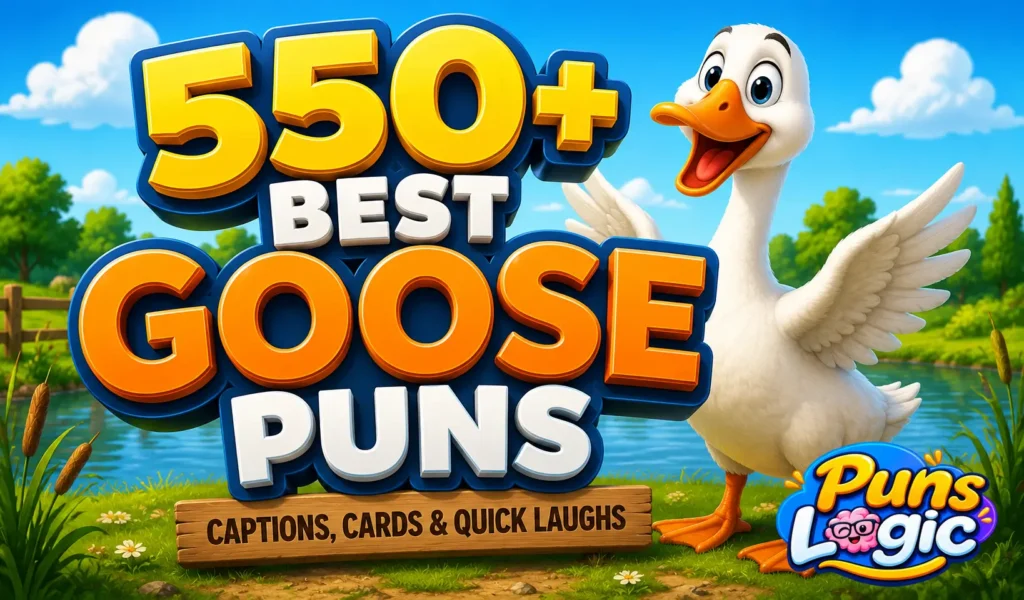 550+ goose puns thumbnail with a cheerful cartoon goose and bold 3D text