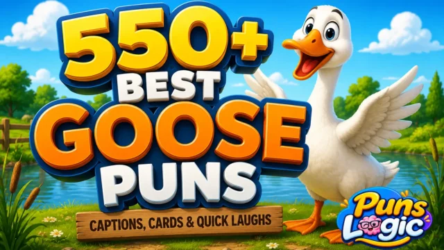 550+ goose puns thumbnail with a cheerful cartoon goose and bold 3D text