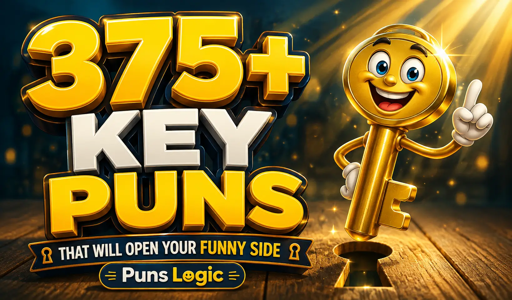 375+ key puns thumbnail with a cheerful golden key mascot and bold 3D typography