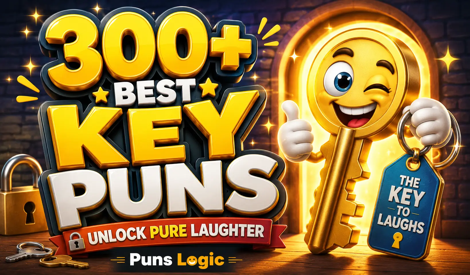 Key puns thumbnail with a shiny gold key mascot and bold 3D typography