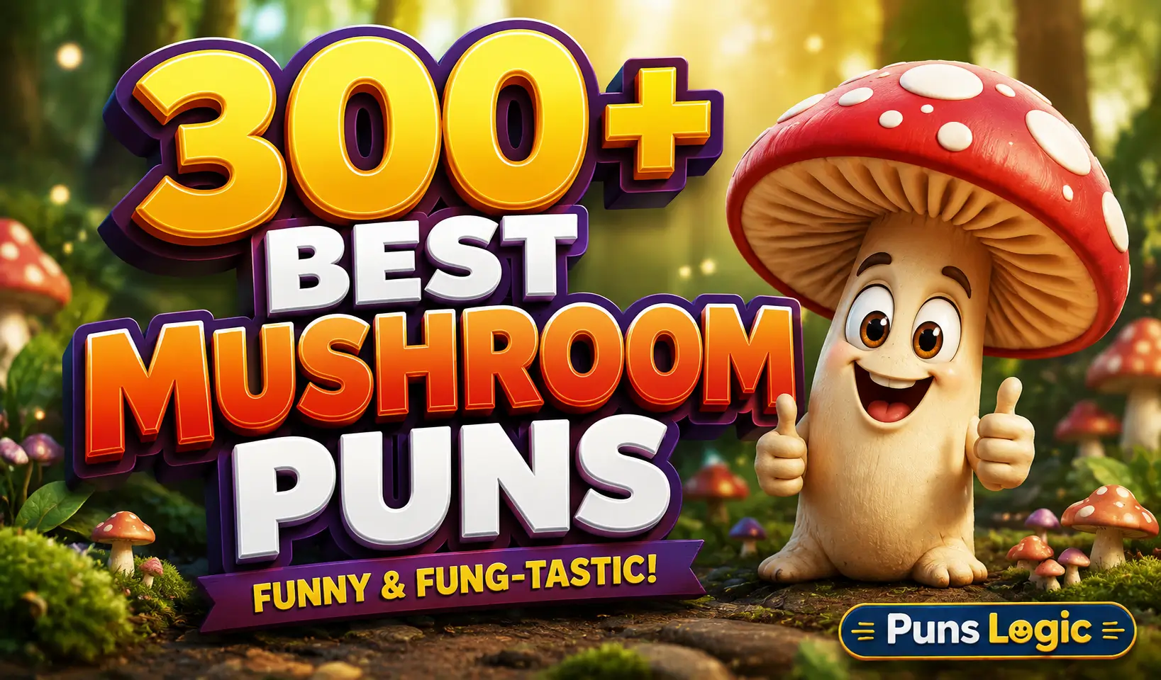300+ mushroom puns thumbnail with a cheerful cartoon mushroom and bold 3D text