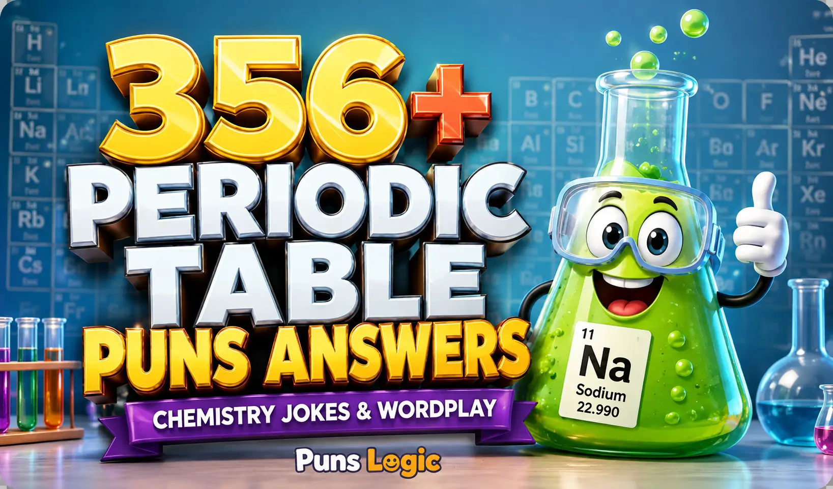 Periodic table puns answers thumbnail with a fun chemistry mascot