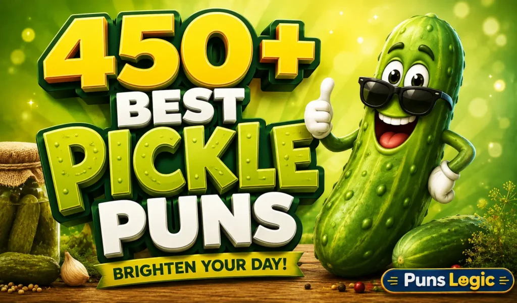 50+ pickle puns thumbnail with a cheerful cartoon pickle and bold 3D text