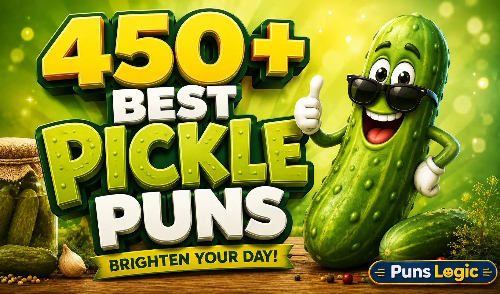 50+ pickle puns thumbnail with a cheerful cartoon pickle and bold 3D text