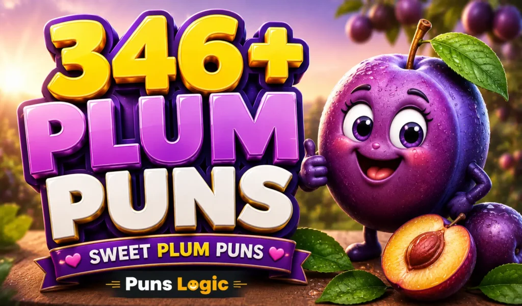 Plum puns thumbnail with a cheerful purple plum character and bold 3D text