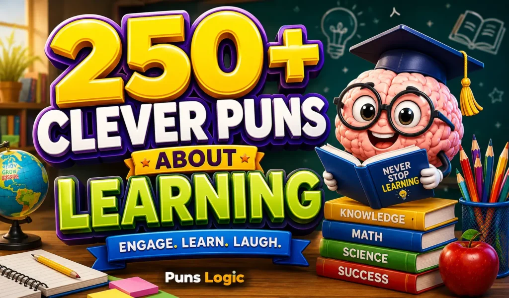 Puns about learning thumbnail with a cheerful brain mascot and colorful classroom books