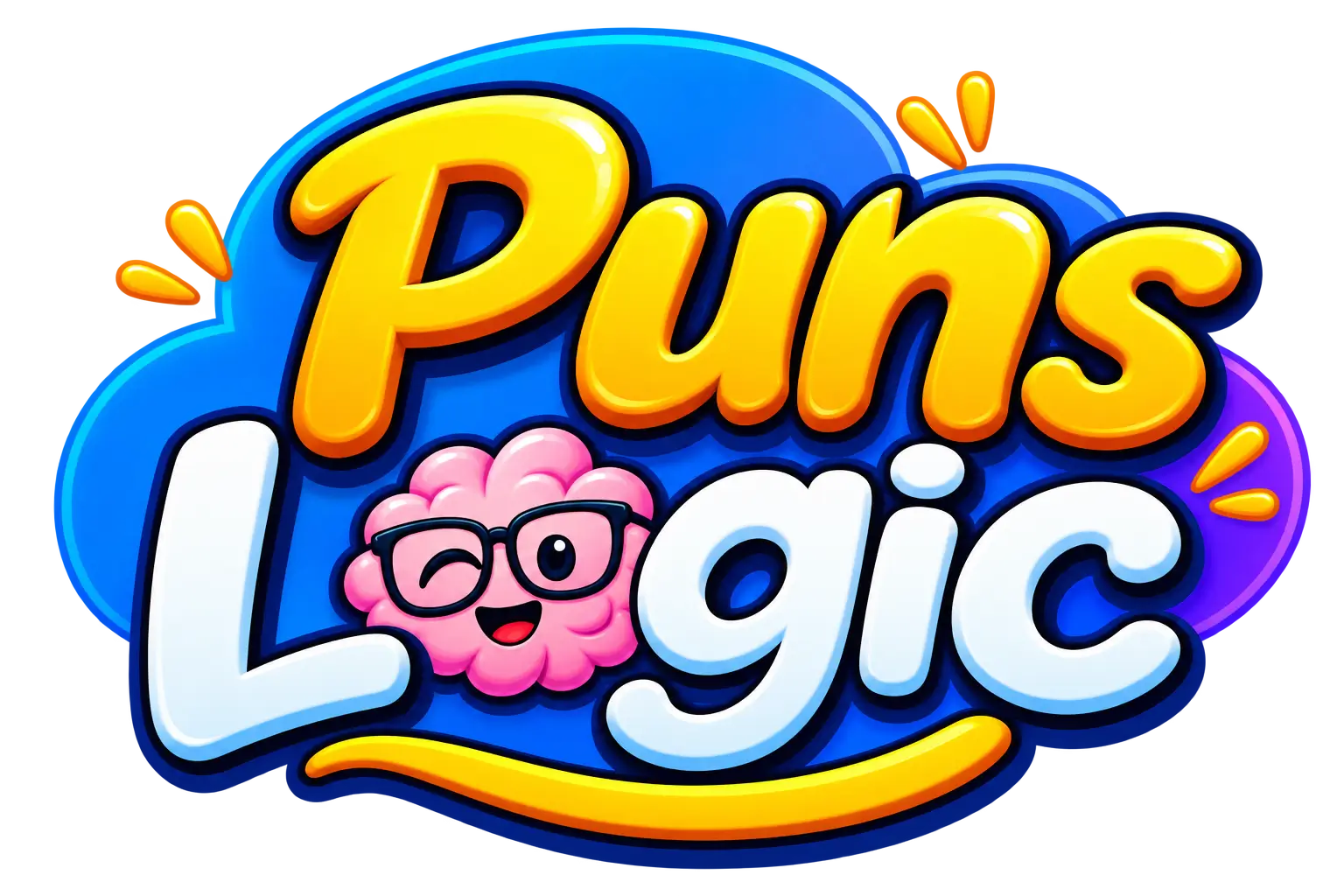 Puns Logic logo with colorful playful typography and a brain character
