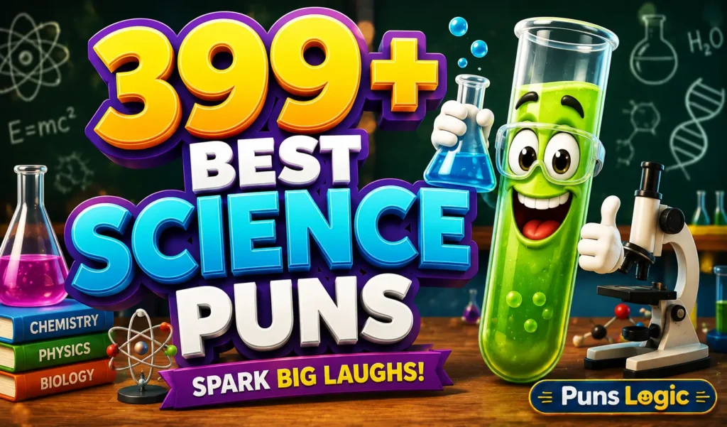 399+ science puns thumbnail with a fun lab character, microscope, and bold 3D text