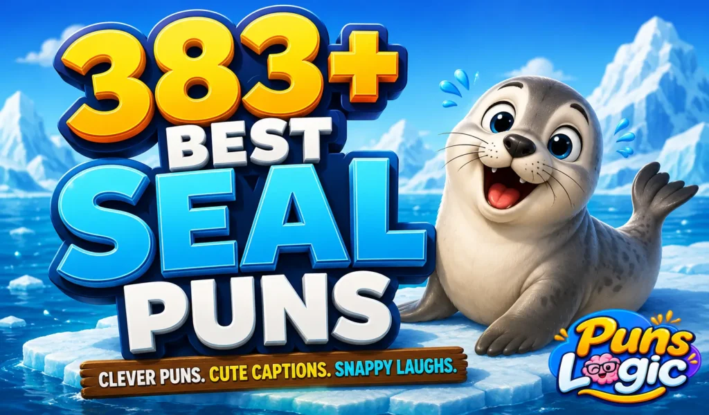 383+ seal puns thumbnail with a cheerful cartoon seal on an icy ocean