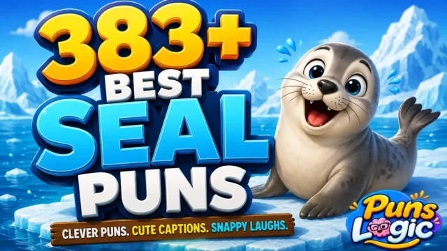 383+ seal puns thumbnail with a cheerful cartoon seal on an icy ocean
