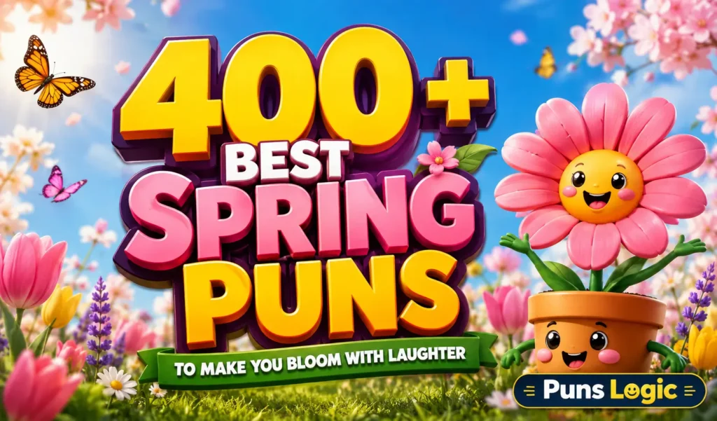 400+ spring puns thumbnail with colorful flowers and a cheerful cartoon flower
