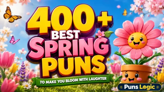 400+ spring puns thumbnail with colorful flowers and a cheerful cartoon flower
