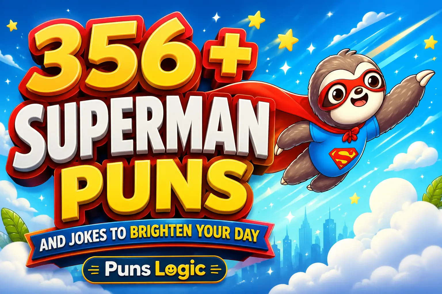 Colorful superhero sloth illustration for Superman puns