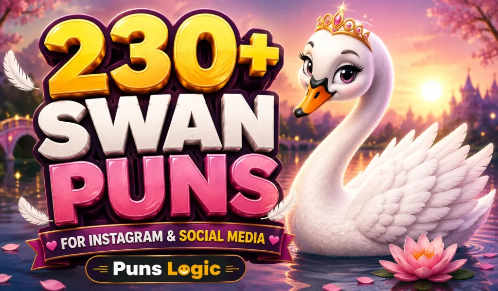 Swan puns thumbnail with a graceful swan and bold 3D text