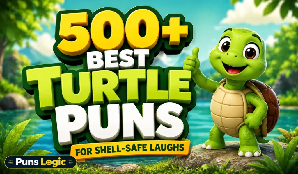 500+ turtle puns thumbnail with a cheerful cartoon turtle by a sunny pond