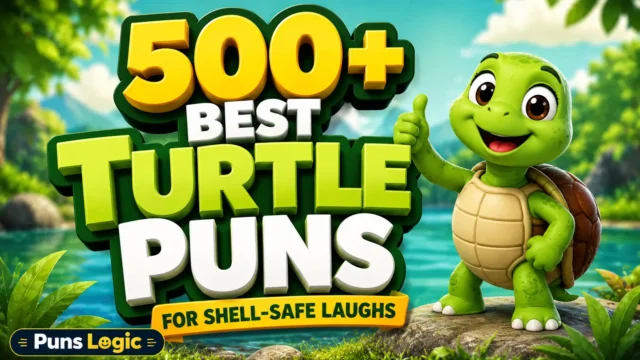500+ turtle puns thumbnail with a cheerful cartoon turtle by a sunny pond