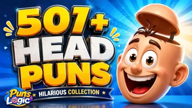 3D cartoon illustration of a wide-smiling face with the top of its head flipped open like a lid, positioned next to large, glowing 3D text that reads "501+ HEAD PUNS" and a blue ribbon saying "HILARIOUS COLLECTION", all set against a radiant blue background.