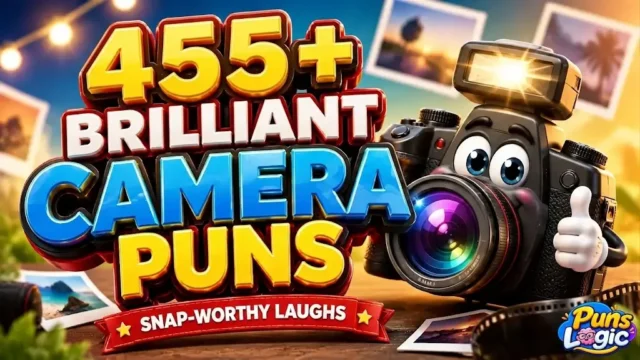 Bright 3D illustration of an animated camera character giving a thumbs up next to bold text reading "455+ Brilliant Camera Puns" and a ribbon saying "Snap-Worthy Laughs", with scattered photos in the background.