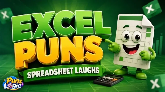 Vibrant green and yellow 3D graphic reading "EXCEL PUNS" with "SPREADSHEET LAUGHS" on a ribbon below, alongside a cheerful cartoon spreadsheet character pointing excitedly near a small calculator.