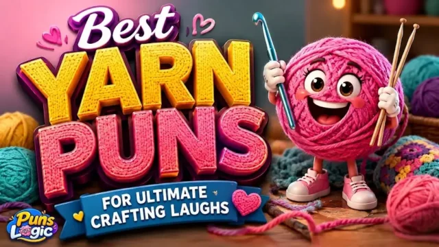 Vibrant 3D illustration of an animated pink yarn ball character smiling while holding a crochet hook and knitting needles, sitting next to textured yarn-knit 3D lettering that reads "Best YARN PUNS" with a blue ribbon below saying "FOR ULTIMATE CRAFTING LAUGHS".