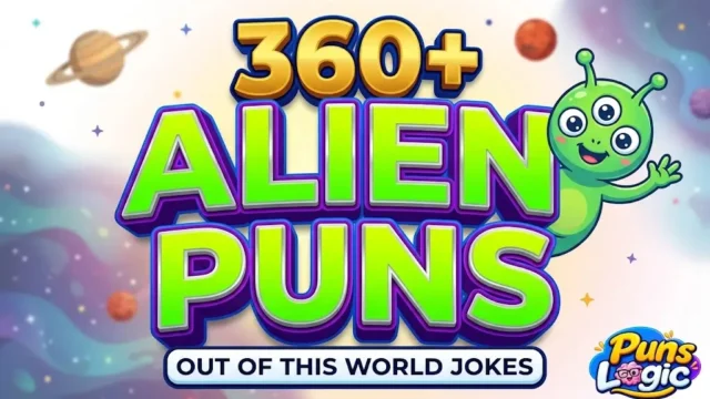 Large 3D ALIEN PUNS thumbnail with cartoon alien mascot and Puns Logic branding on cosmic background.