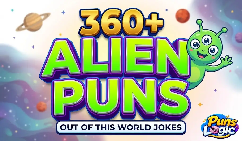 Large 3D ALIEN PUNS thumbnail with cartoon alien mascot and Puns Logic branding on cosmic background.