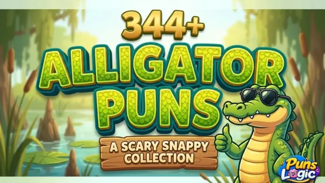 Scaly 3D ALLIGATOR PUNS text and a smiling cartoon alligator character in sunglasses featured thumbnail image.