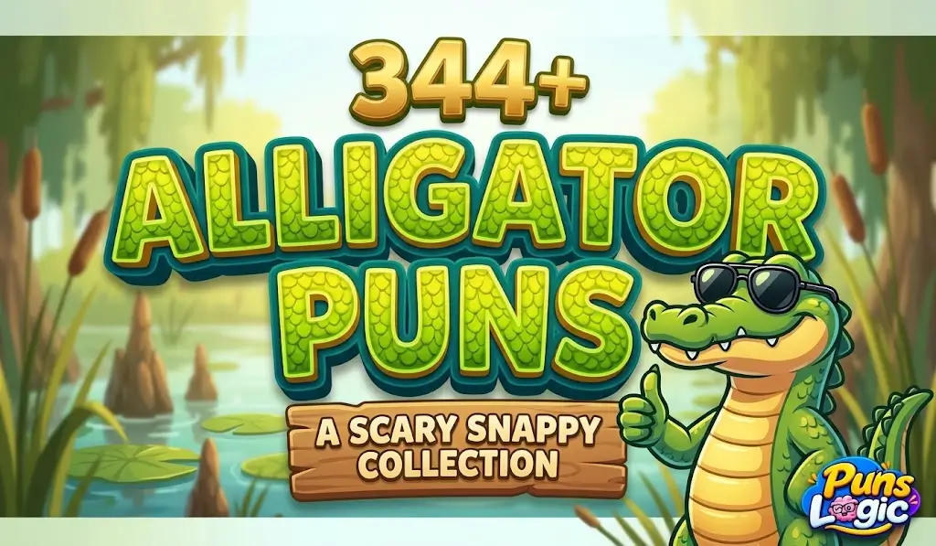 Scaly 3D ALLIGATOR PUNS text and a smiling cartoon alligator character in sunglasses featured thumbnail image.
