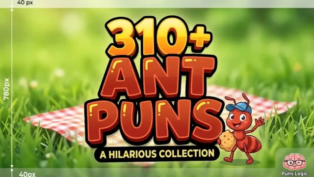 A bright red and black 3D text graphic reading "310+ ANT PUNS" with a cartoon ant mascot.