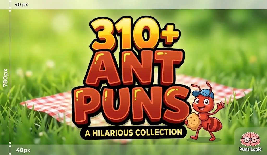 A bright red and black 3D text graphic reading "310+ ANT PUNS" with a cartoon ant mascot.