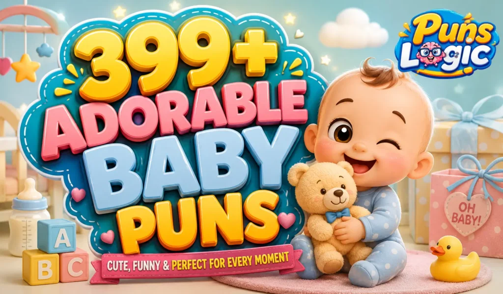399+ baby puns thumbnail with a cheerful cartoon baby and teddy bear